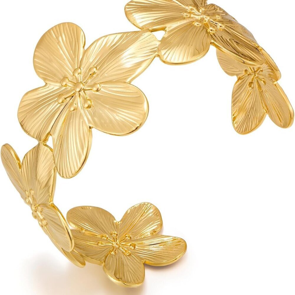 Gold Vintage Flower Hollow Brass Cuff Bracelet for Women, Adjustable Wide Statem
